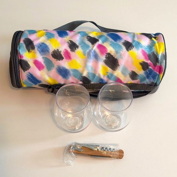 Multicolor Wine Bag with 2 Plastic Cups & Corkscrew - Picture 1 of 4
